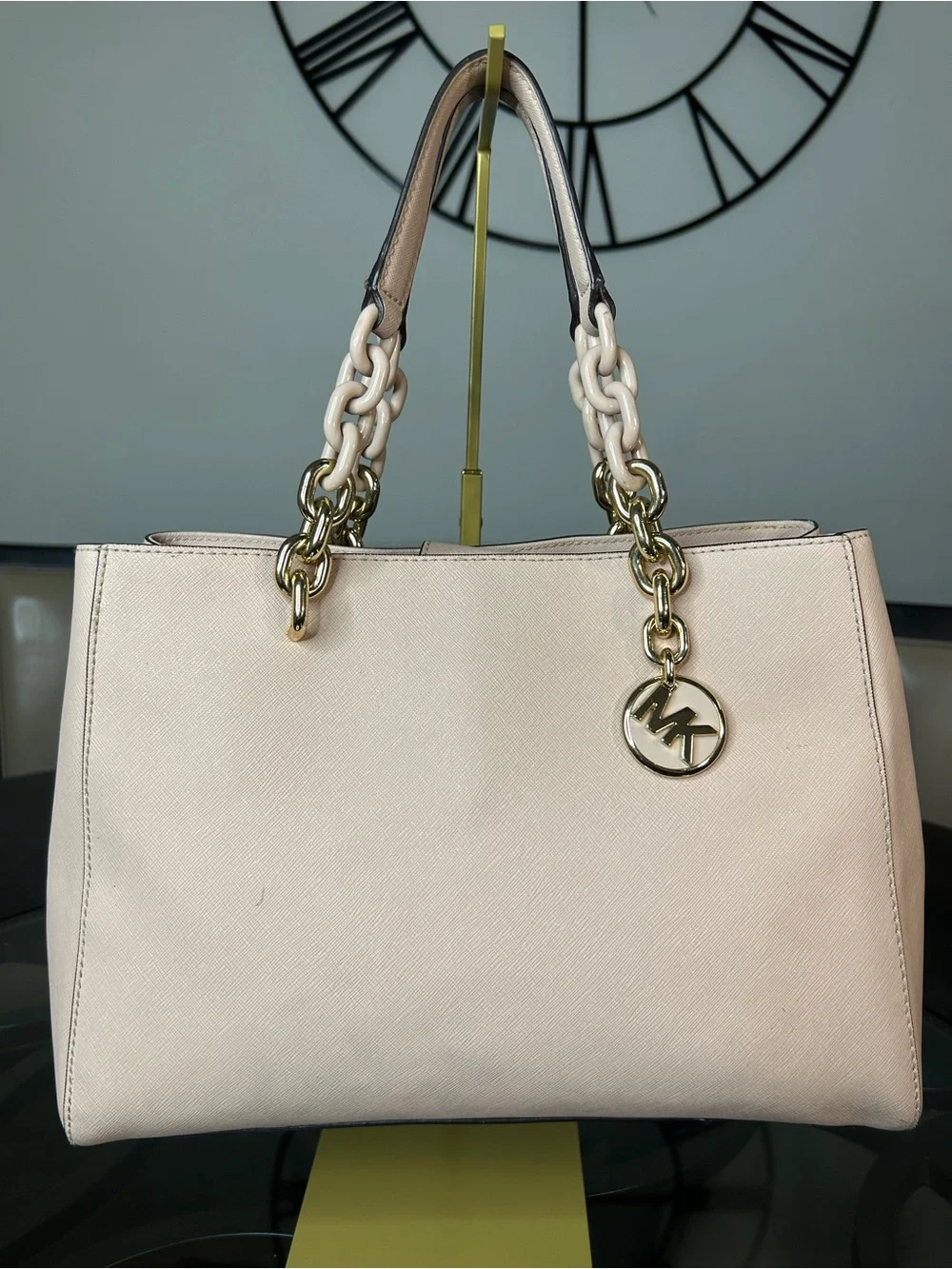 Michael Kors Cynthia Medium Saffiano Leather Tote Bag Powder Pink Chain Charm